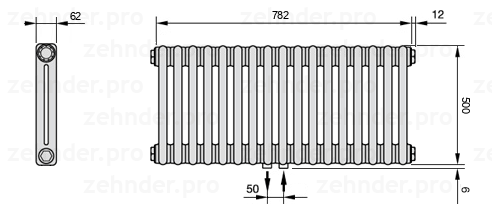 Схема (чертеж) Радиатор Zehnder Charleston 2050/17 №5410 Белый глянцевый RAL 9016
